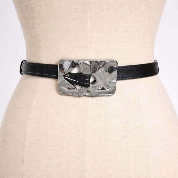 Chico’s Brutalist Silver Hammered Buckle Leather Belt medium large Vintage y2k main image 4
